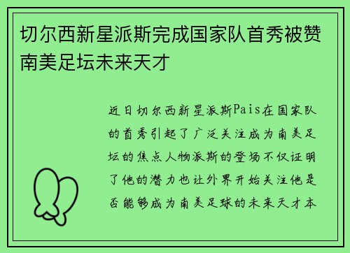 切尔西新星派斯完成国家队首秀被赞南美足坛未来天才