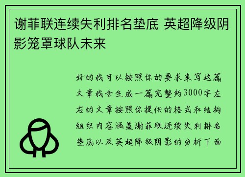 谢菲联连续失利排名垫底 英超降级阴影笼罩球队未来 谢菲联连续失利排名垫底 英超降级阴影笼罩球队未来