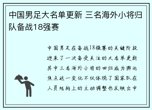 中国男足大名单更新 三名海外小将归队备战18强赛