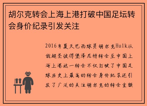 胡尔克转会上海上港打破中国足坛转会身价纪录引发关注